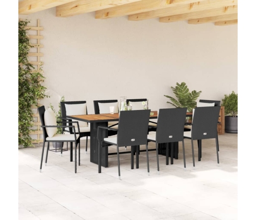 Set de comedor de jardín 9 pzas y cojines ratán sintético negro