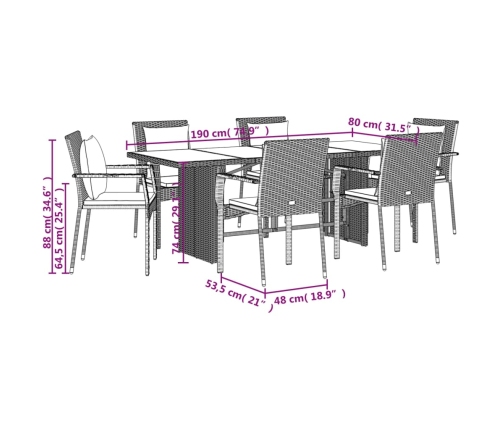 Set comedor jardín 7 pzas y cojines ratán sintético gris