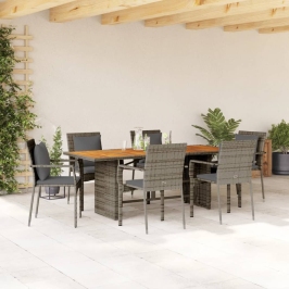 Set comedor jardín 7 pzas y cojines ratán sintético gris