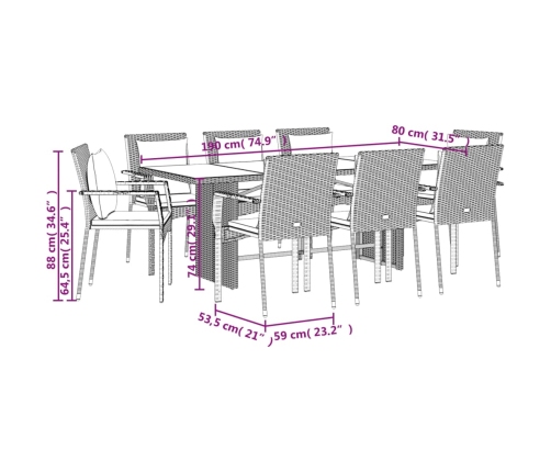 Set comedor jardín 9 pzas y cojines ratán sintético gris