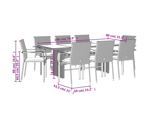 Set de comedor de jardín 9 pzas y cojines ratán sintético negro