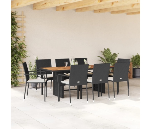 Set de comedor de jardín 9 pzas y cojines ratán sintético negro