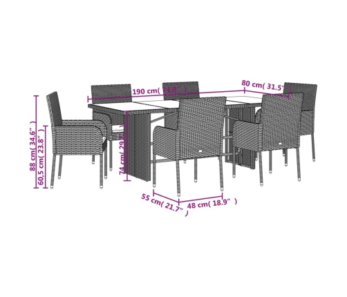Set comedor jardín 7 pzas y cojines ratán sintético gris