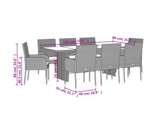 Set comedor jardín 9 pzas y cojines ratán sintético gris