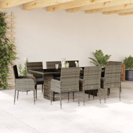 Set comedor jardín 9 pzas y cojines ratán sintético gris