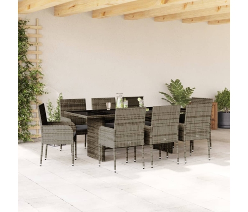 Set comedor jardín 9 pzas y cojines ratán sintético gris