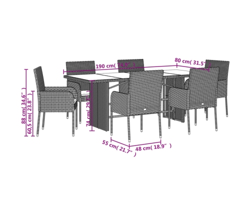 Set comedor jardín 7 pzas y cojines ratán sintético gris