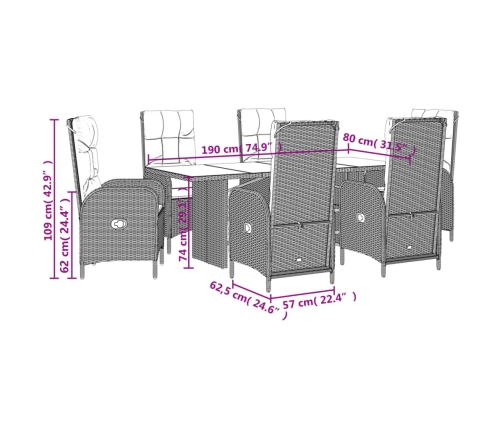 Set de comedor de jardín 7 pzas y cojines ratán sintético negro