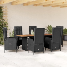 Set de comedor de jardín 7 pzas y cojines ratán sintético negro