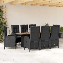 Set de comedor de jardín 9 pzas y cojines ratán sintético negro