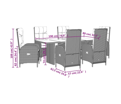 Set comedor jardín 7 pzas y cojines ratán sintético gris