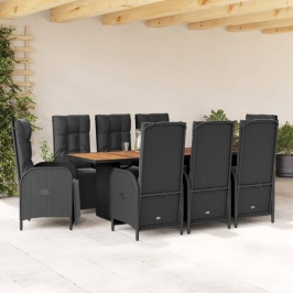 Set de comedor de jardín 9 pzas y cojines ratán sintético negro