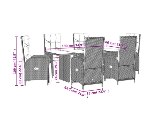 Set comedor jardín 7 pzas y cojines ratán sintético gris
