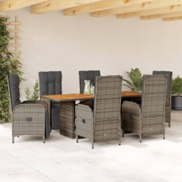 Set comedor jardín 7 pzas y cojines ratán sintético gris
