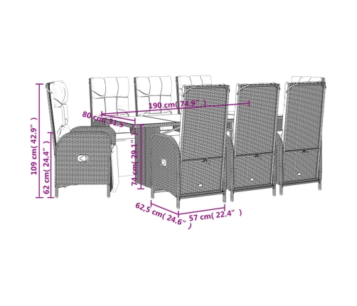Set comedor jardín 9 pzas y cojines ratán sintético gris
