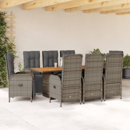Set comedor jardín 9 pzas y cojines ratán sintético gris