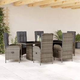 Set comedor jardín 7 pzas y cojines ratán sintético gris