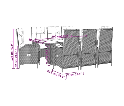 Set comedor jardín 9 pzas y cojines ratán sintético gris
