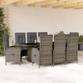 Set comedor jardín 9 pzas y cojines ratán sintético gris