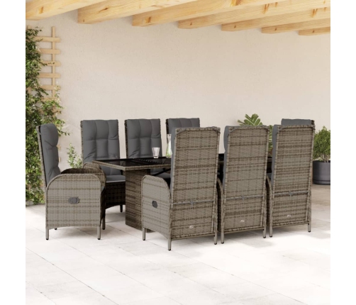 Set comedor jardín 9 pzas y cojines ratán sintético gris