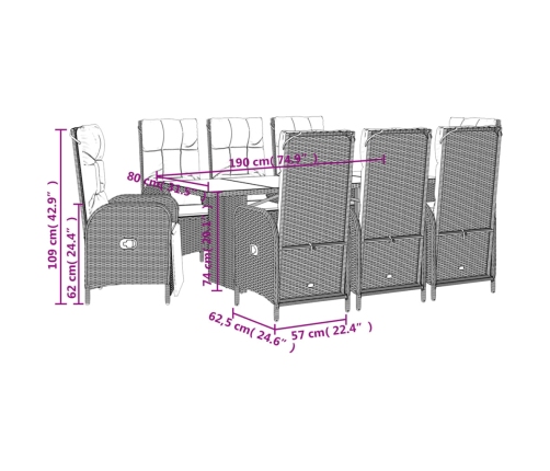 Set comedor jardín 9 pzas y cojines ratán sintético gris