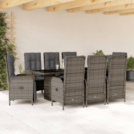 Set comedor jardín 9 pzas y cojines ratán sintético gris
