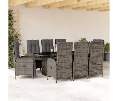 Set comedor jardín 9 pzas y cojines ratán sintético gris