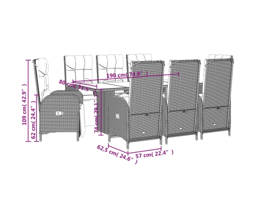 Set comedor jardín 9 pzas y cojines ratán sintético gris