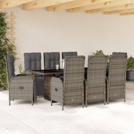 Set comedor jardín 9 pzas y cojines ratán sintético gris