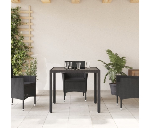 Mesa de jardín superficie de vidrio ratán PE negro 90x90x75 cm