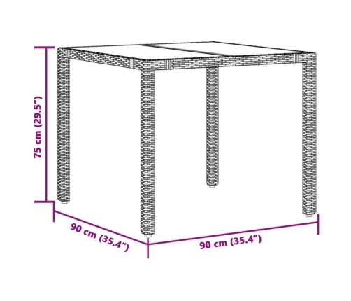 Mesa de jardín superficie de vidrio ratán PE negro 90x90x75 cm