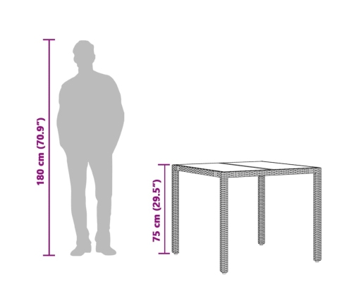 vidaXL Mesa de jardín superficie de vidrio ratán PE marrón 90x90x75 cm