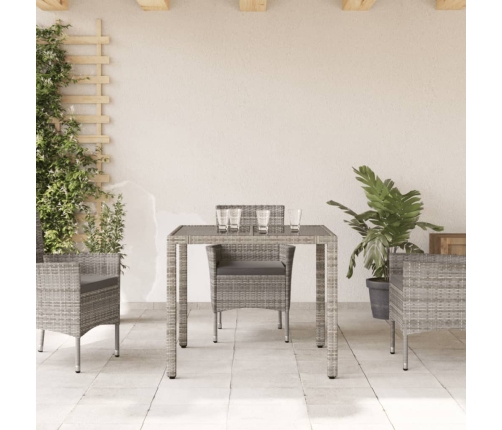 Mesa de jardín superficie de vidrio ratán PE gris 90x90x75 cm