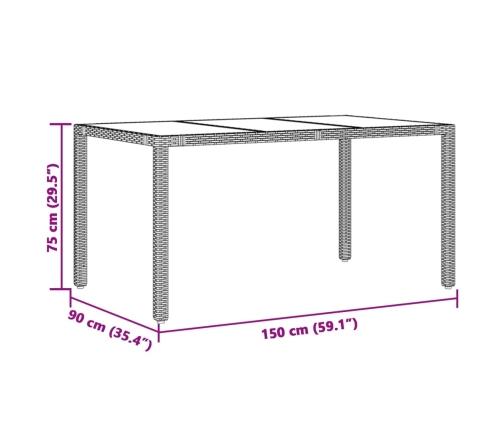 vidaXL Mesa de jardín superficie de vidrio ratán PE gris 150x90x75 cm