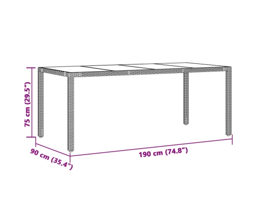 Mesa de jardín superficie de vidrio ratán PE marrón 190x90x75cm