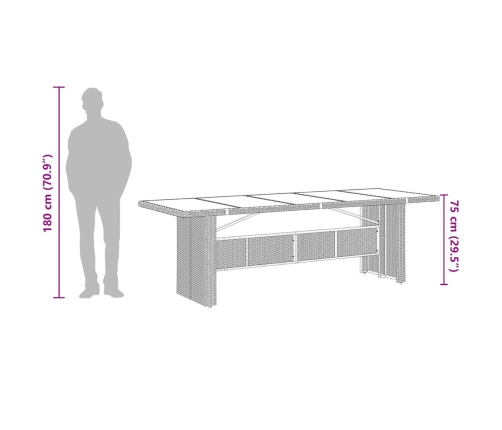 vidaXL Mesa de jardín superficie de vidrio ratán PE marrón 240x90x75cm