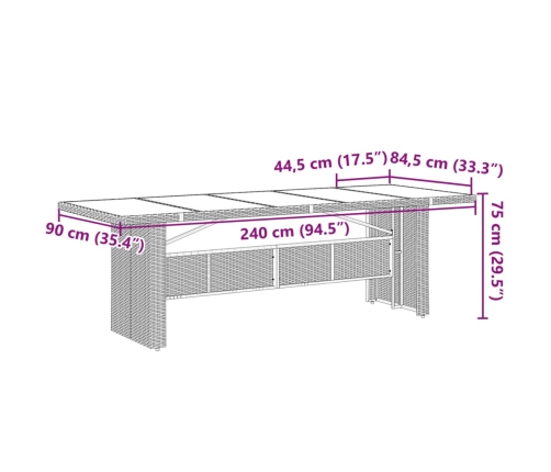 vidaXL Mesa de jardín superficie de vidrio ratán PE marrón 240x90x75cm