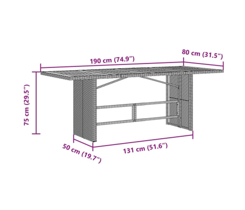 Mesa de jardín superficie de vidrio ratán PE negro 190x80x75 cm