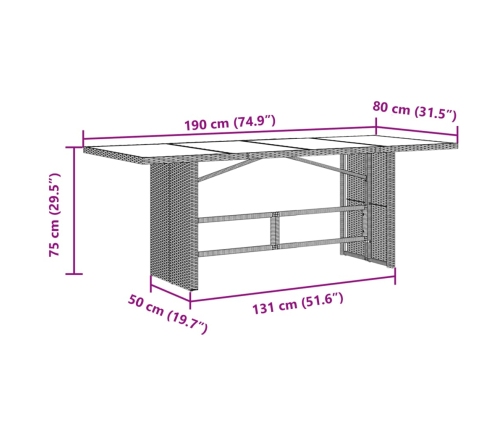 Mesa de jardín superficie vidrio ratán PE marrón 190x80x75 cm