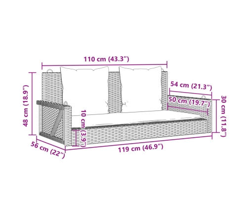 vidaXL Banco columpio con cojines ratán sintético negro 119x56x48 cm