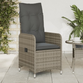 Sillón reclinable de jardín con cojines ratán sintético gris