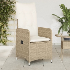 Silla de jardín reclinable con cojines ratán sintético beige