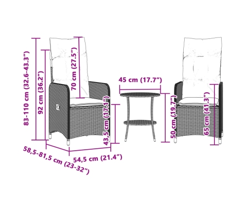 Sillones reclinables de jardín con mesa 2 uds ratán PE beige