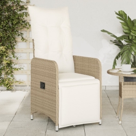 Silla de jardín reclinable con cojines ratán sintético beige