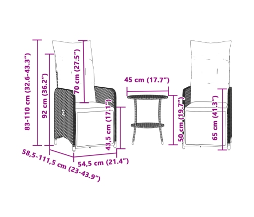 Sillones reclinables de jardín con mesa 2 uds ratán PE beige