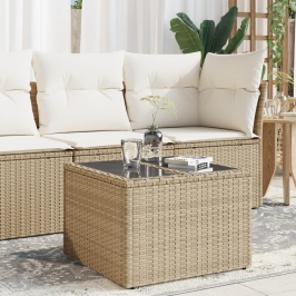 Mesa de jardín superficie de vidrio ratán PE beige 55x55x37 cm