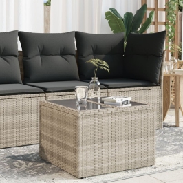 Mesa jardín superficie vidrio ratán PE gris claro 55x55x37 cm