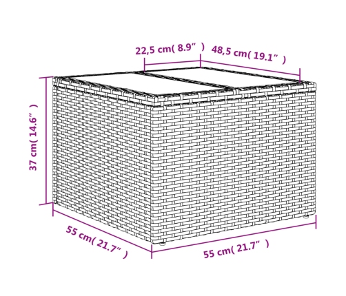 Mesa de jardín superficie cristal ratán PE marrón 55x55x37 cm