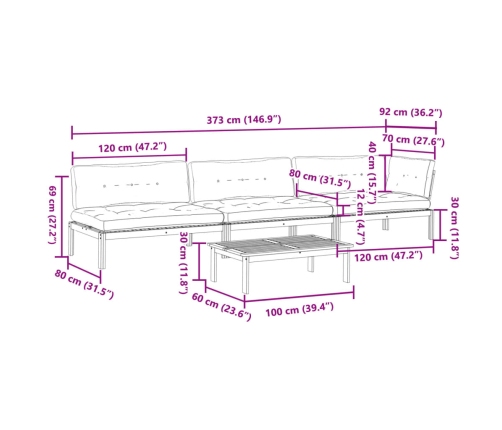 Set de sofás de palets de jardín y cojines 4 pzas madera acacia