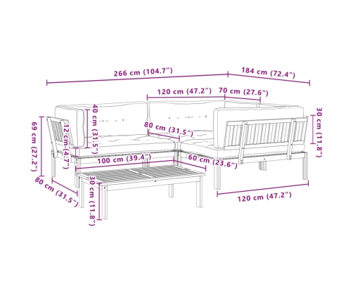 Set de sofás de palets de jardín y cojines 4 pzas madera acacia